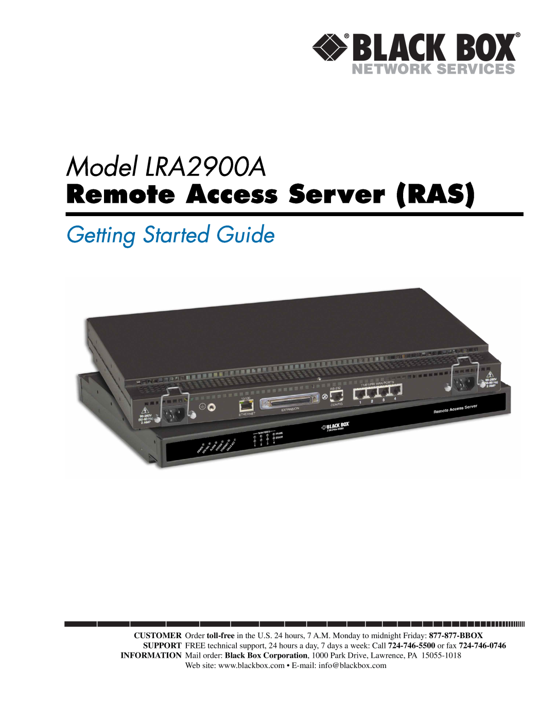 Black Box manual Model LRA2900A, Remote Access Server RAS, Getting Started Guide 