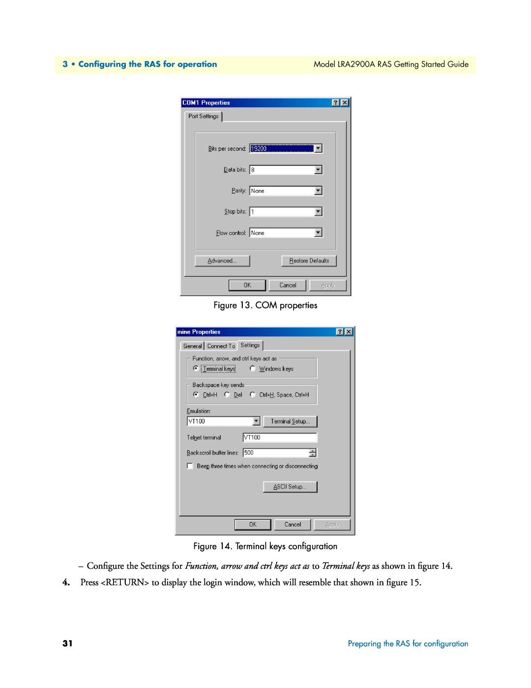 Black Box LRA2900A manual COM properties, Terminal keys conﬁguration, Configuring the RAS for operation 