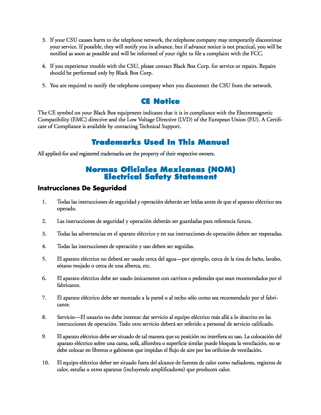 Black Box LRA2900A CE Notice, Trademarks Used In This Manual, Normas Oﬁciales Mexicanas NOM, Electrical Safety Statement 