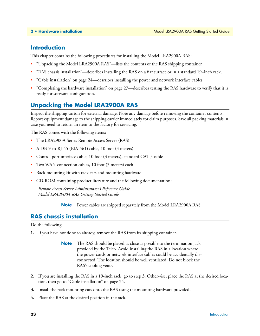 Black Box manual Introduction, Unpacking the Model LRA2900A RAS, RAS chassis installation 