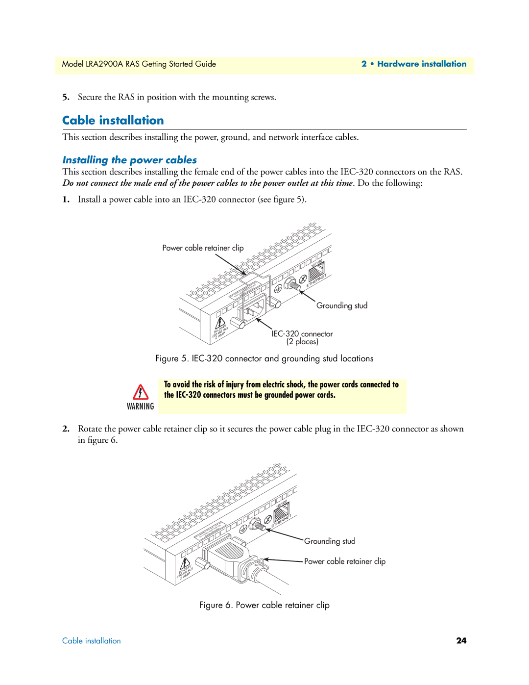 Black Box LRA2900A manual Cable installation, Installing the power cables 