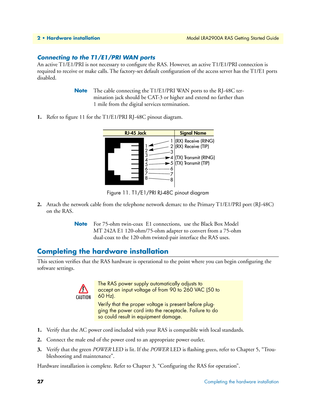 Black Box LRA2900A manual Completing the hardware installation, Connecting to the T1/E1/PRI WAN ports 