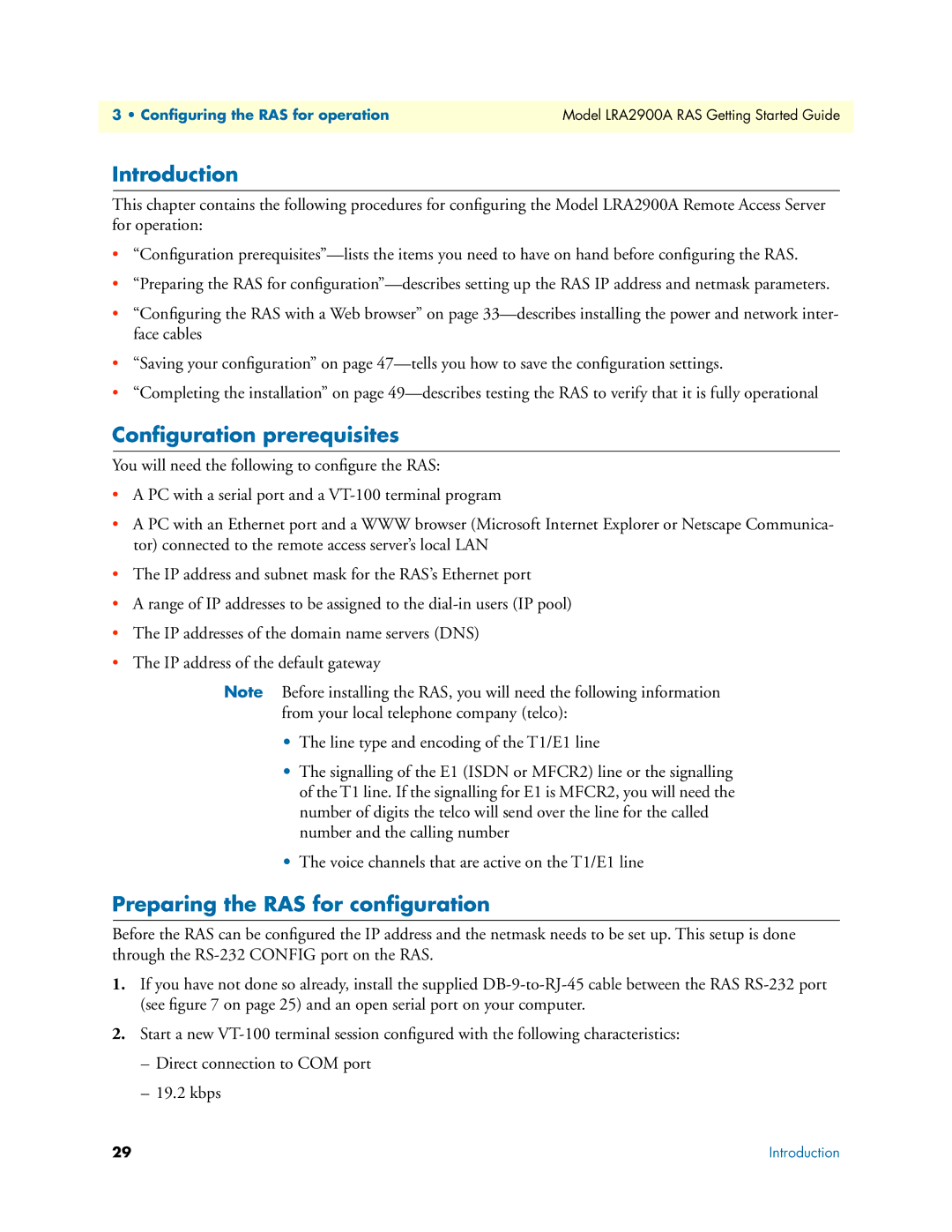 Black Box LRA2900A manual Conﬁguration prerequisites, Preparing the RAS for conﬁguration 