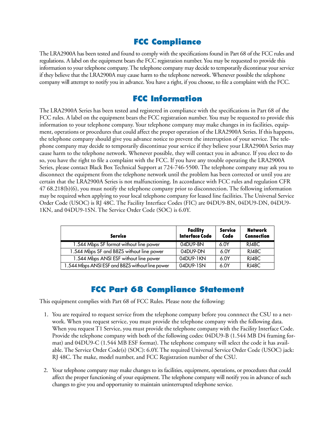 Black Box LRA2900A manual FCC Compliance 