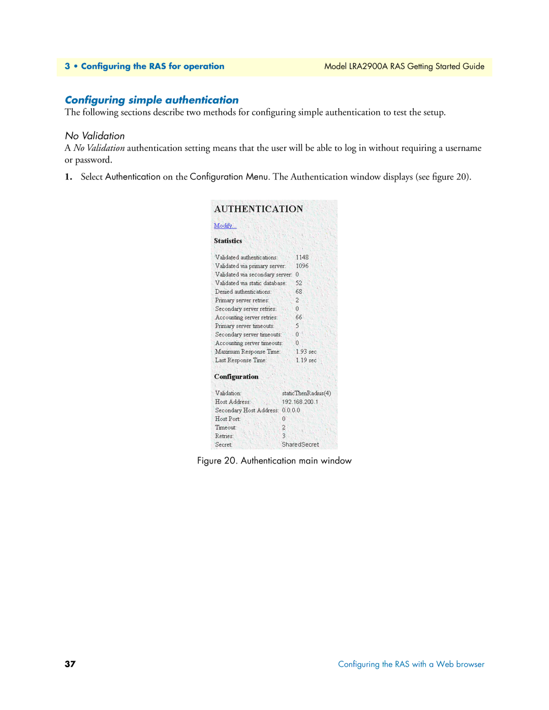 Black Box LRA2900A manual Conﬁguring simple authentication, No Validation 