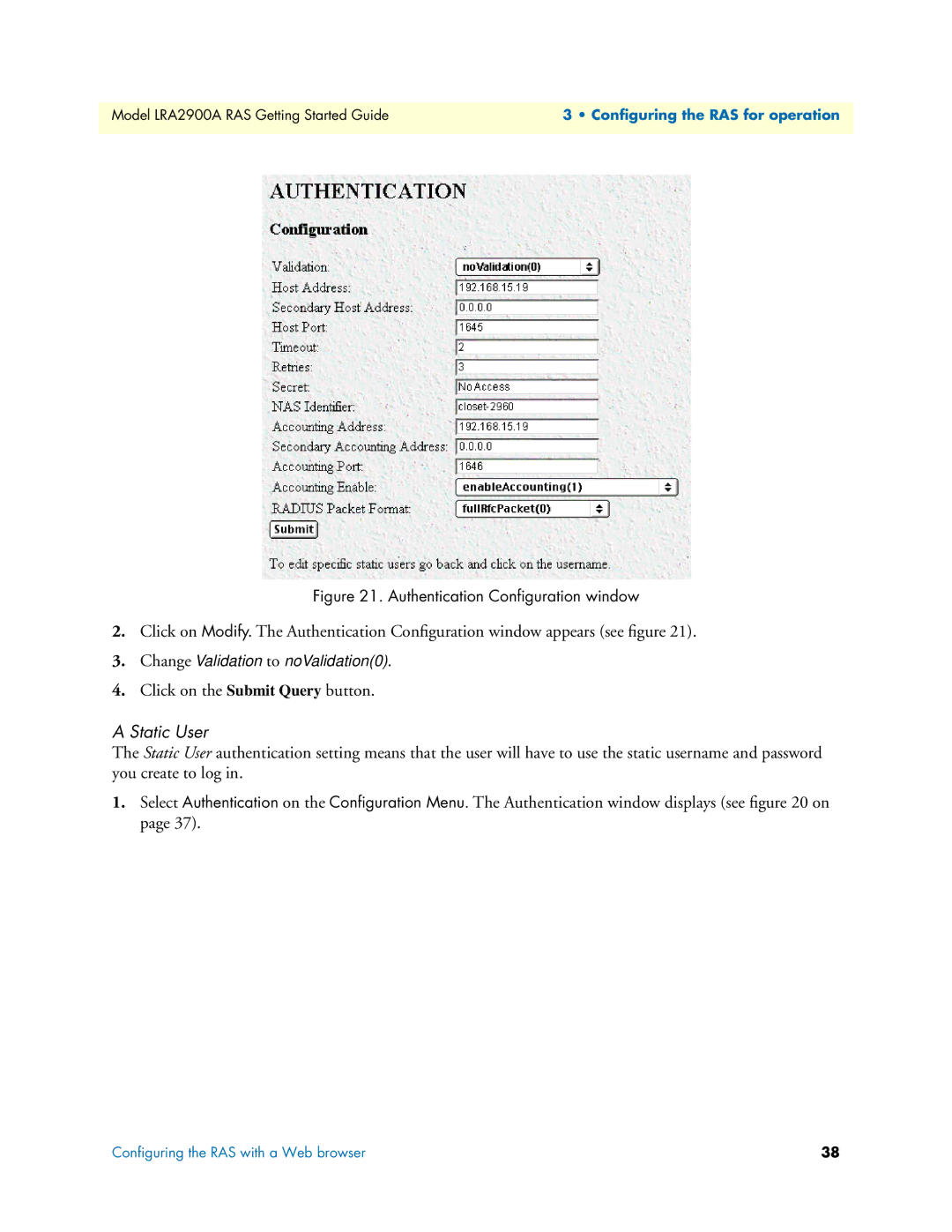 Black Box LRA2900A manual Static User, Authentication Conﬁguration window 