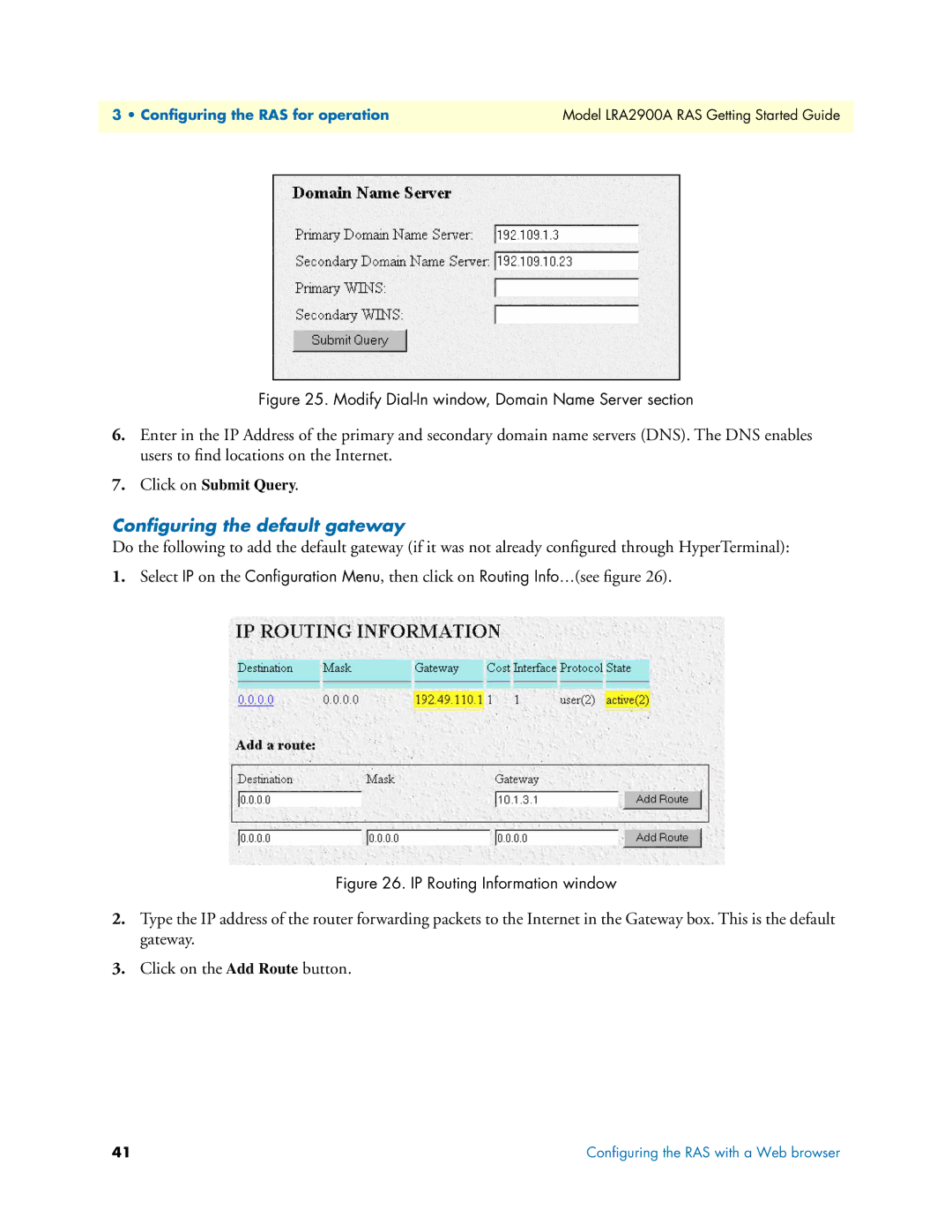 Black Box LRA2900A manual Conﬁguring the default gateway, Modify Dial-In window, Domain Name Server section 