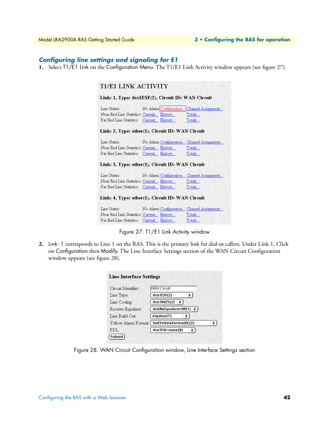 Black Box LRA2900A manual Conﬁguring line settings and signaling for E1, T1/E1 Link Activity window 