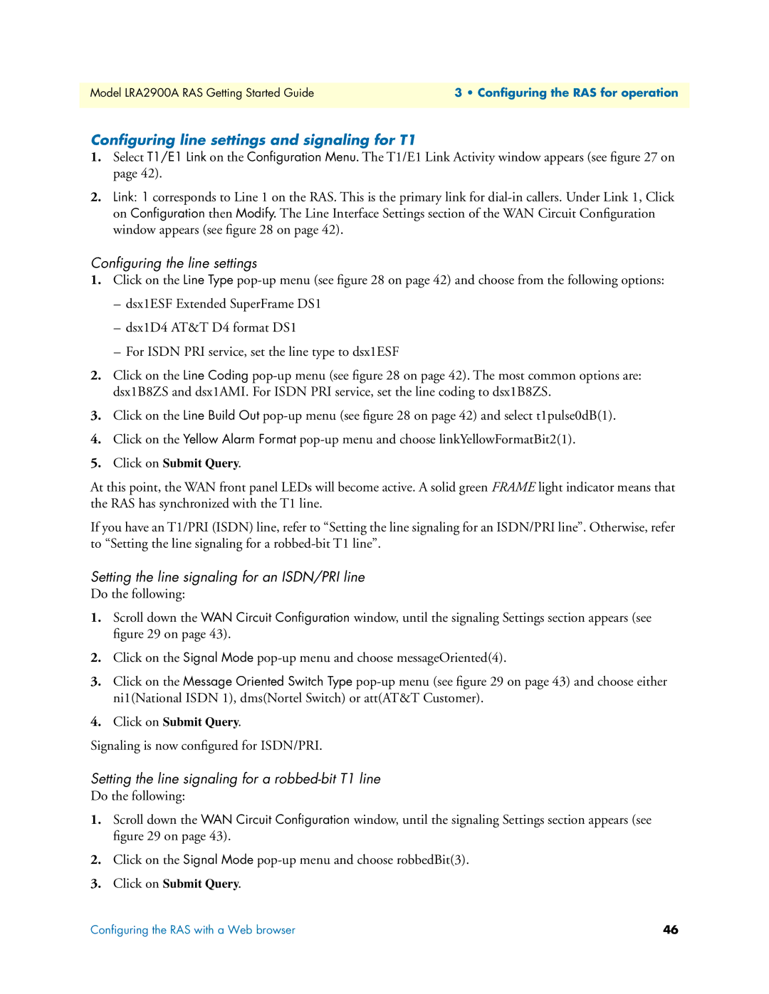 Black Box LRA2900A manual Conﬁguring line settings and signaling for T1, Setting the line signaling for an ISDN/PRI line 