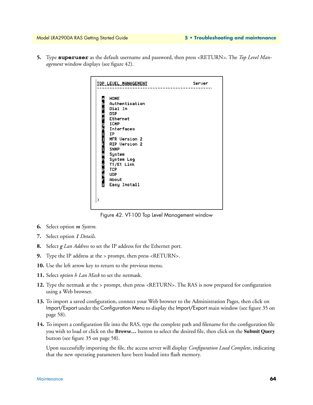 Black Box LRA2900A manual VT-100 Top Level Management window 