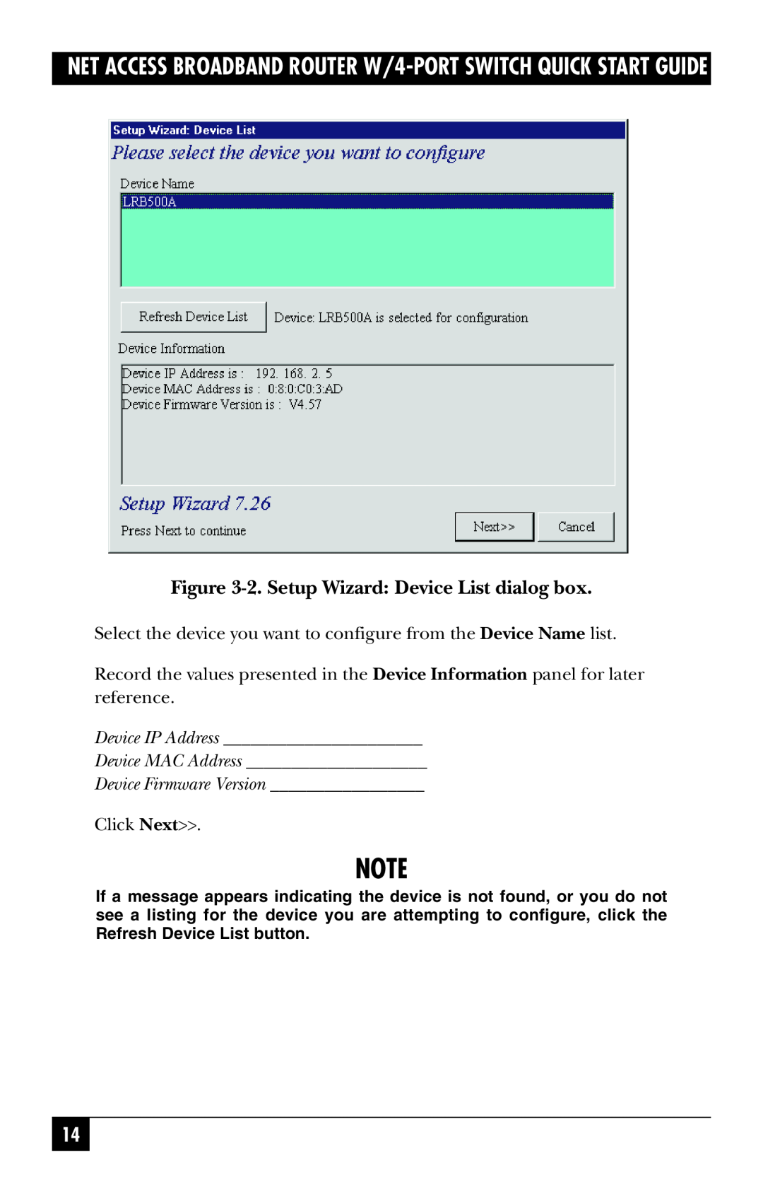 Black Box LRB500A 2. Setup Wizard Device List dialog box, Device Firmware Version, Device IP Address Device MAC Address 