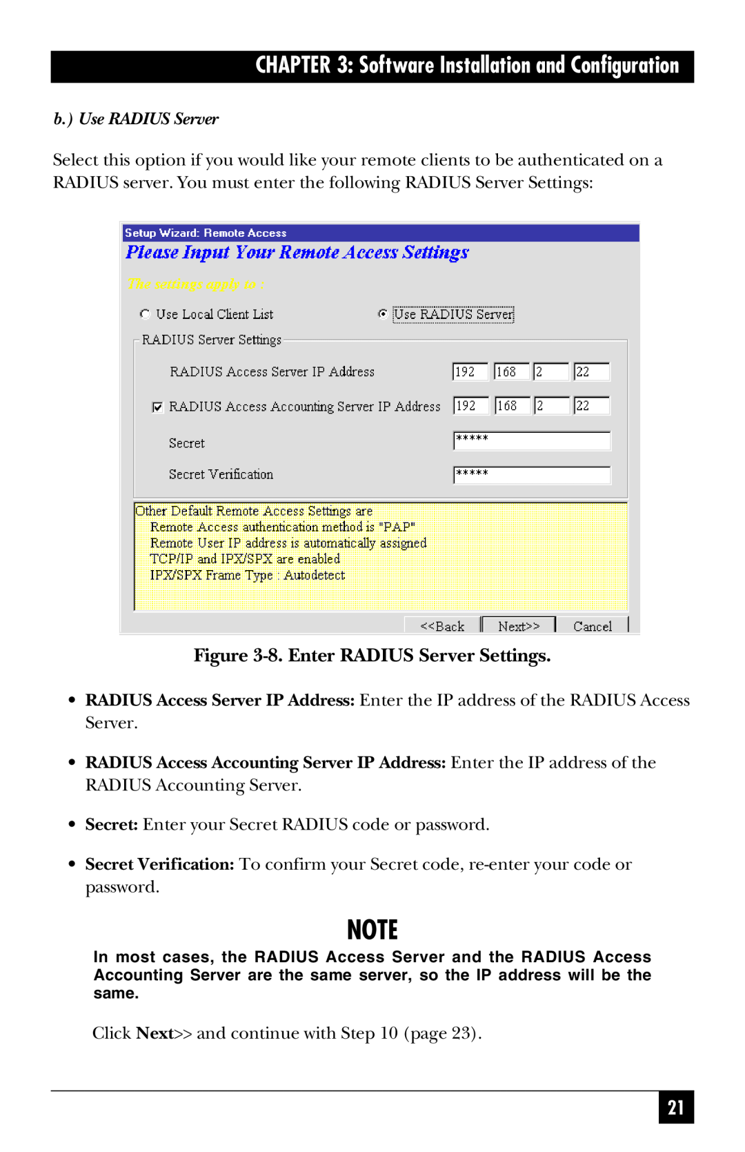 Black Box LRB500A 8. Enter RADIUS Server Settings, b. Use RADIUS Server, Software Installation and Configuration 
