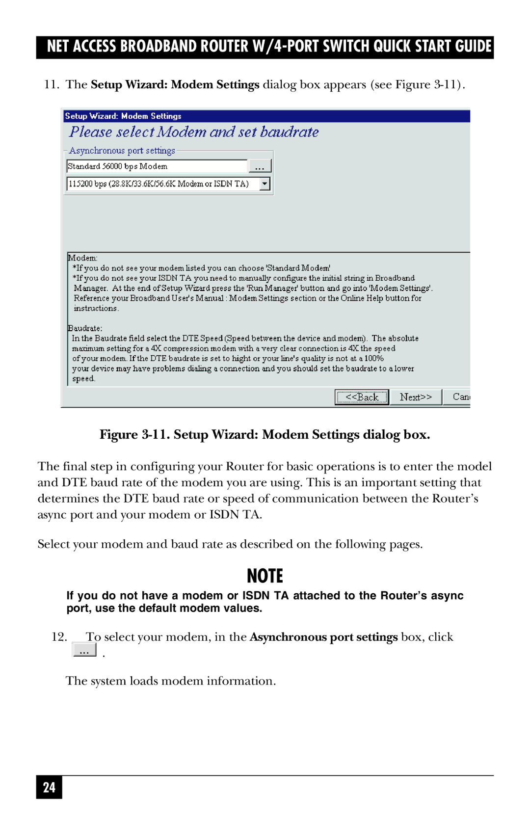 Black Box LRB500A quick start Setup Wizard Modem Settings dialog box 