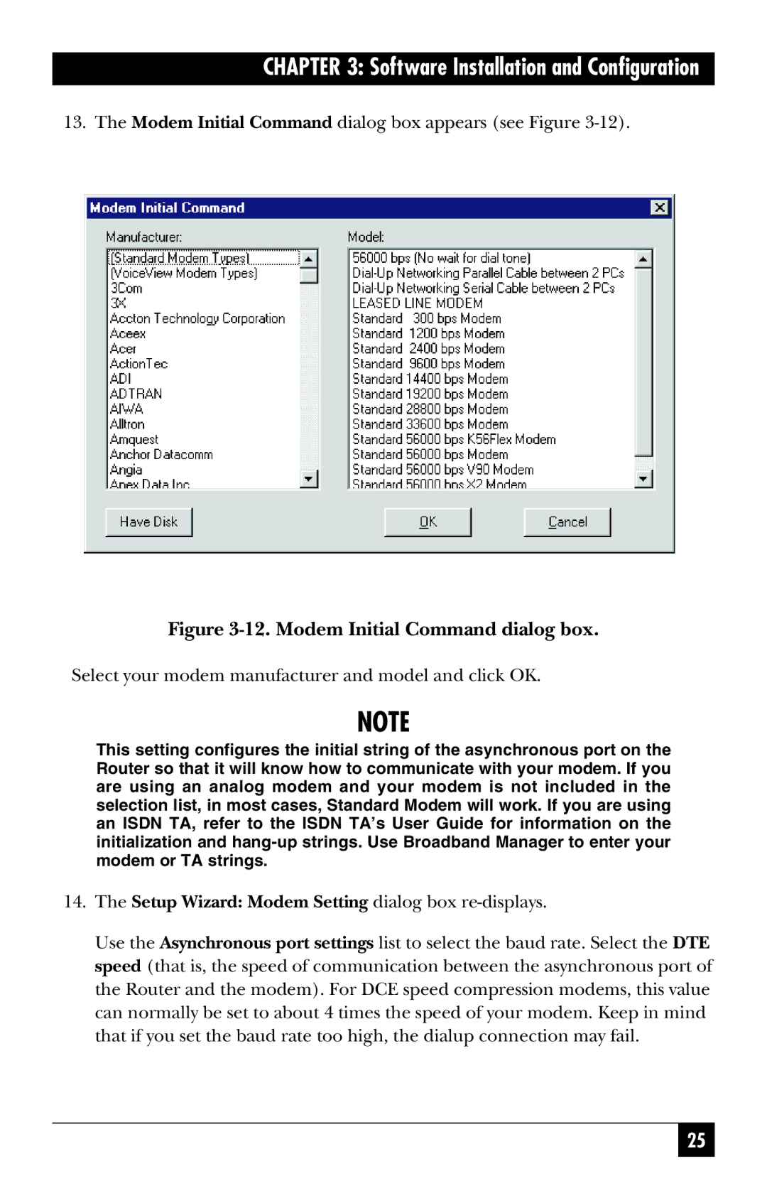 Black Box LRB500A Select your modem manufacturer and model and click OK, Setup Wizard Modem Setting dialog box re-displays 