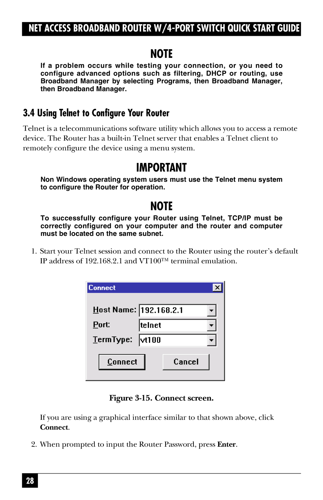 Black Box LRB500A quick start Using Telnet to Configure Your Router, Connect screen 