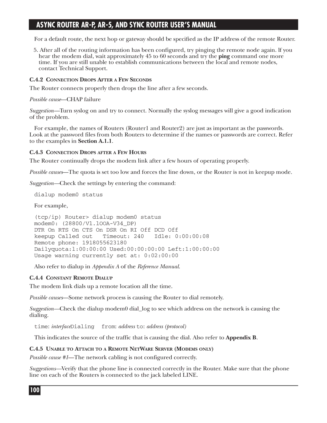 Black Box LRA005A-R2, LRS002A-R2 100, Possible cause-CHAP failure, Time interfaceDialing from address to address protocol 