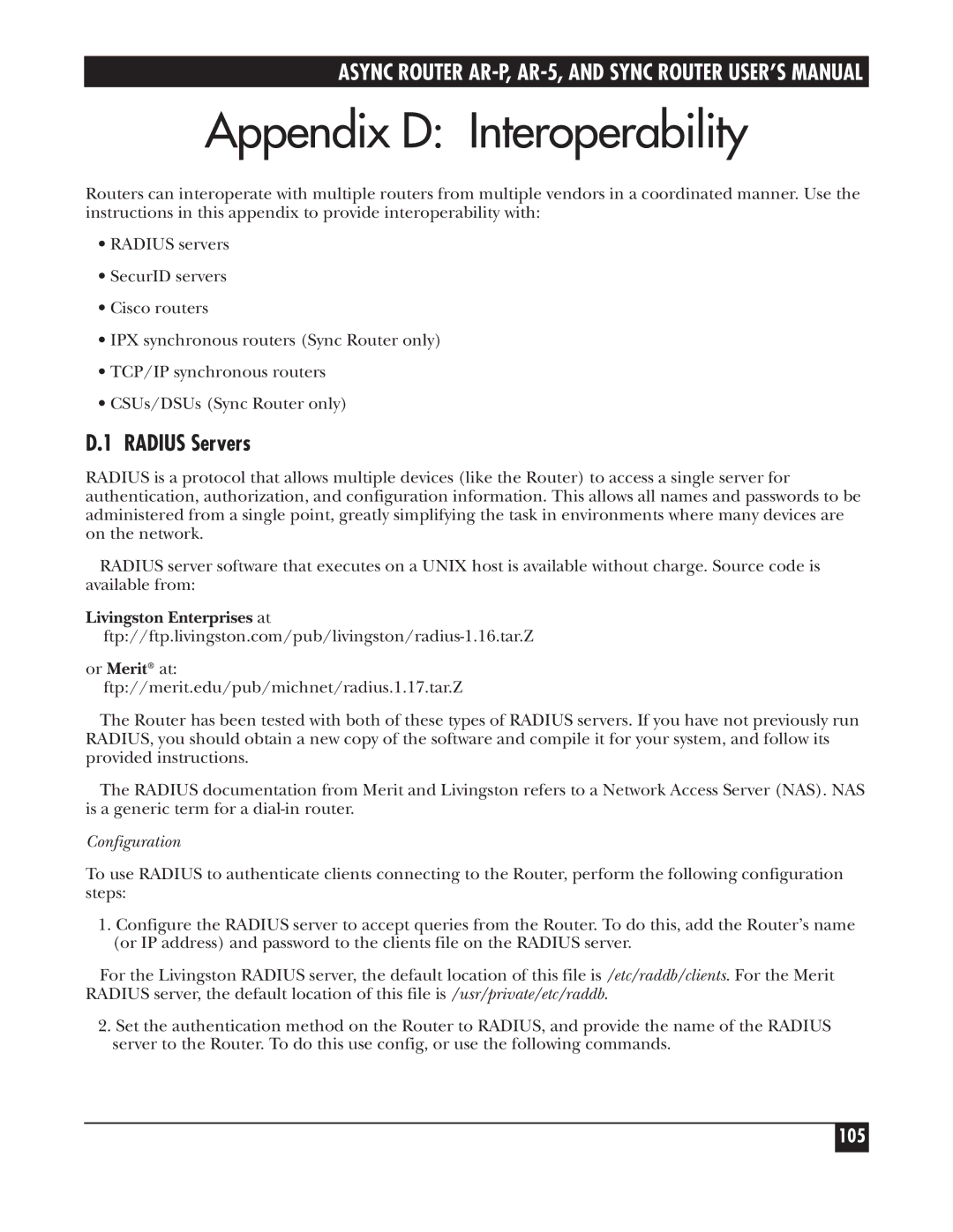 Black Box LRS002A-R2 manual Appendix D Interoperability, Radius Servers, 105, Livingston Enterprises at, Configuration 