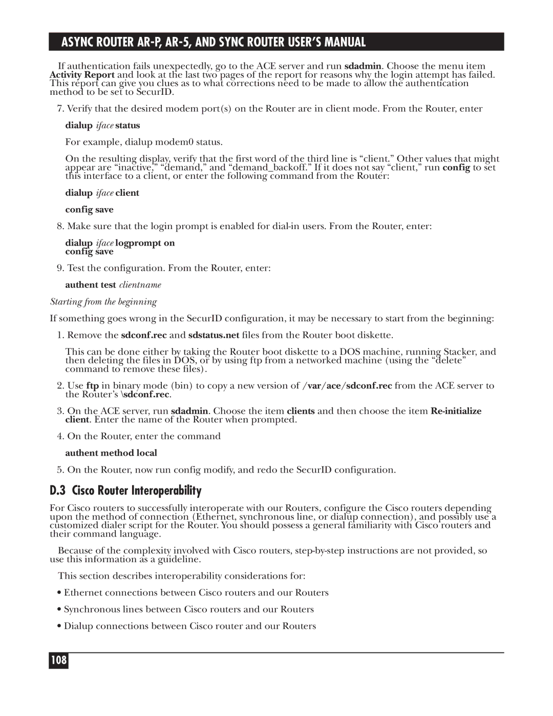 Black Box LRS002A-R2, LRA005A-R2, LRA001A-R2 manual Cisco Router Interoperability, 108 