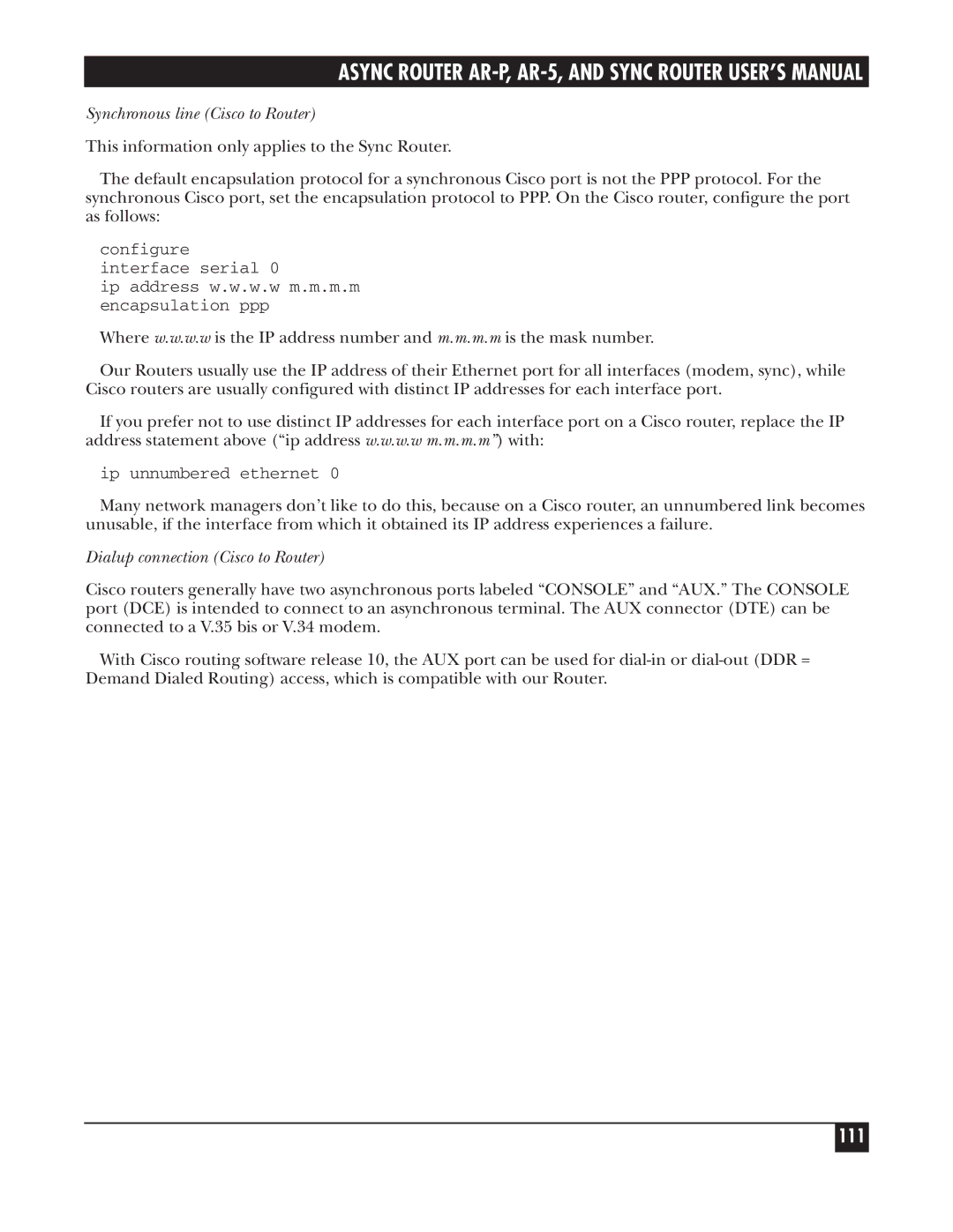 Black Box LRS002A-R2, LRA005A-R2, LRA001A-R2 manual 111, Synchronous line Cisco to Router, Dialup connection Cisco to Router 