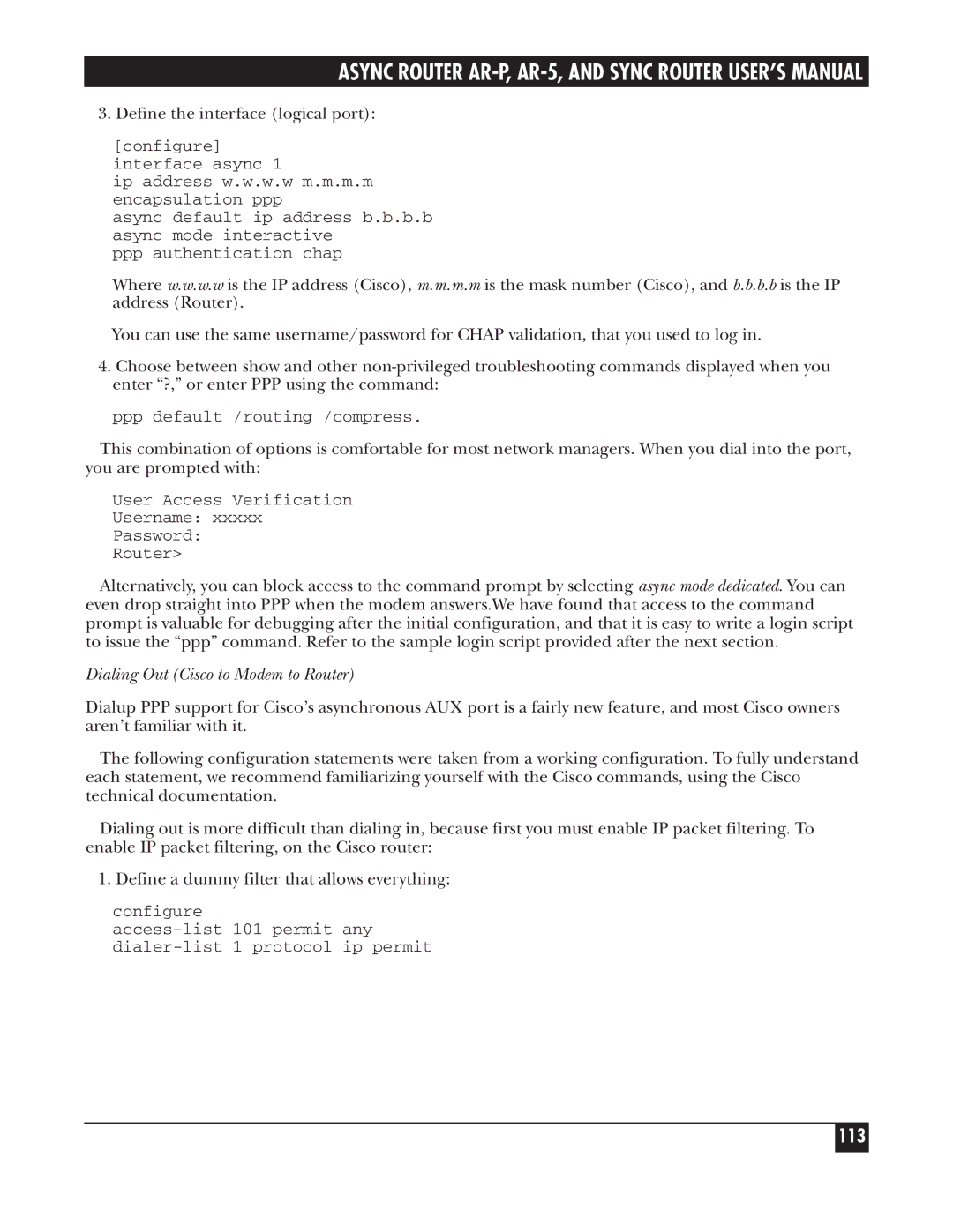 Black Box LRA001A-R2, LRS002A-R2, LRA005A-R2 manual 113, Dialing Out Cisco to Modem to Router 