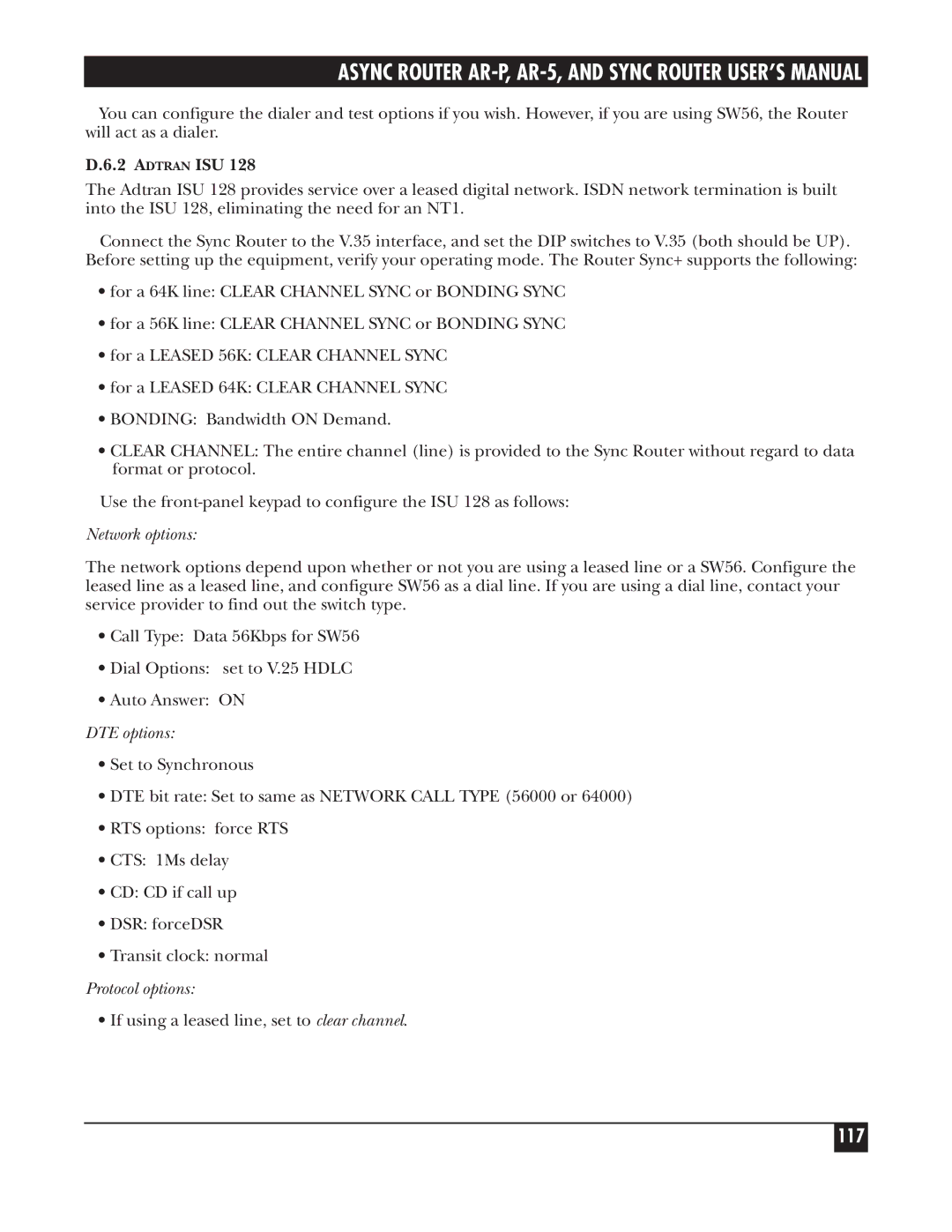 Black Box LRS002A-R2, LRA005A-R2, LRA001A-R2 manual 117, Adtran ISU, Network options, DTE options, Protocol options 