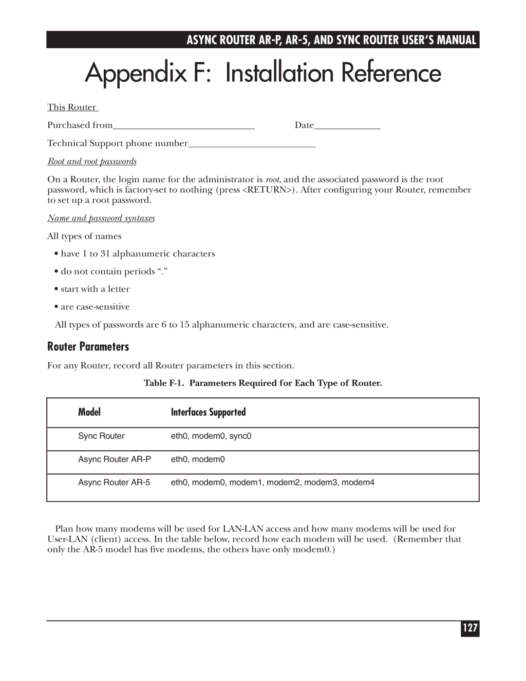 Black Box LRA005A-R2, LRS002A-R2 manual Appendix F Installation Reference, Router Parameters, 127, Root and root passwords 