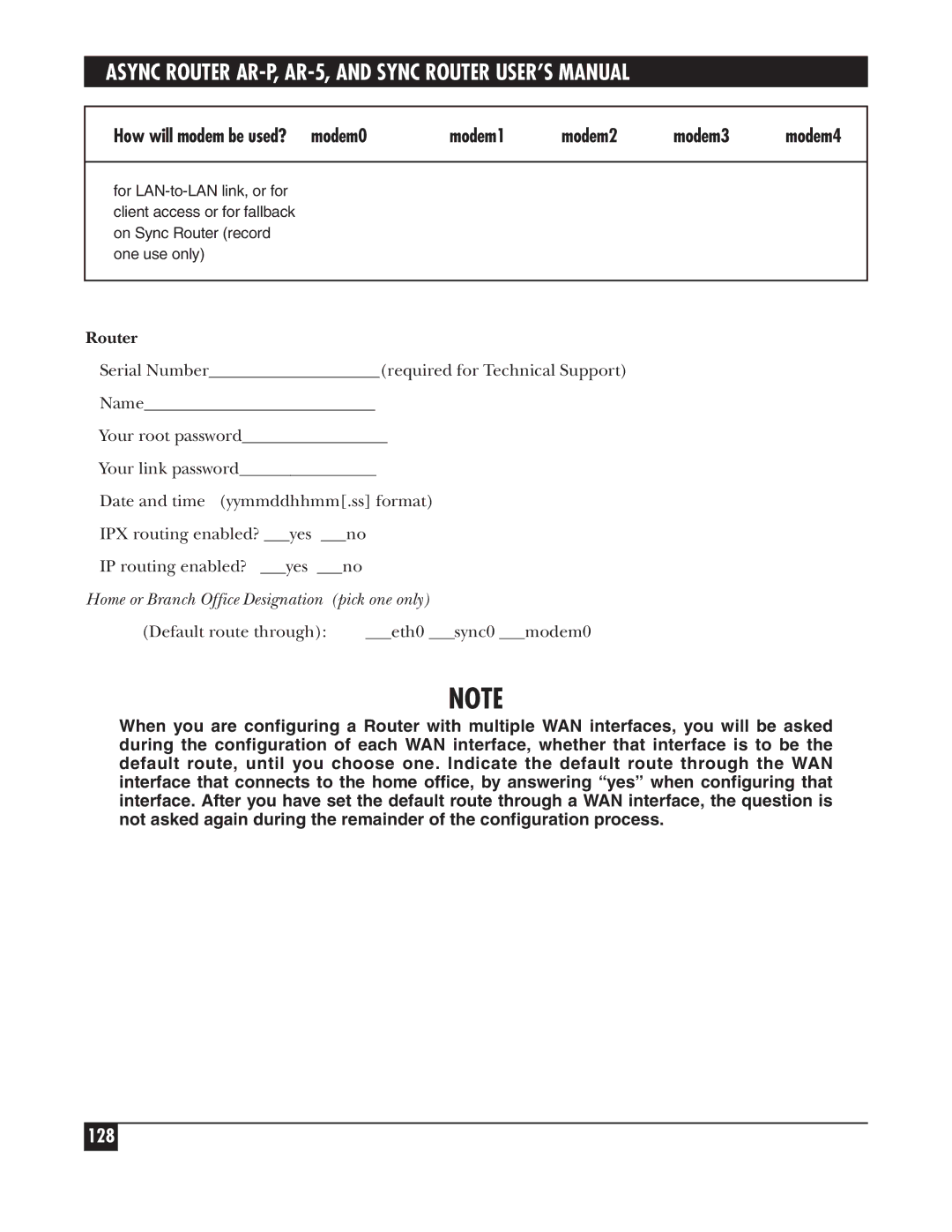 Black Box LRA001A-R2, LRS002A-R2, LRA005A-R2 manual 128, Router, Pick one only, Default route through Eth0 sync0 modem0 