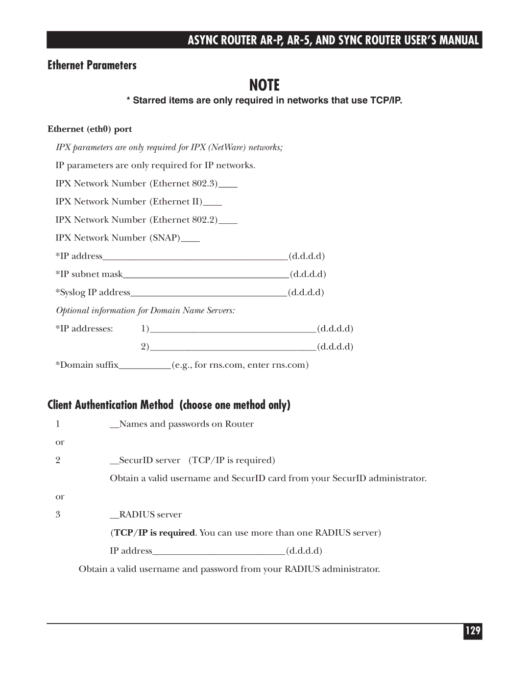 Black Box LRS002A-R2 Ethernet Parameters, Client Authentication Method choose one method only, 129, Ethernet eth0 port 