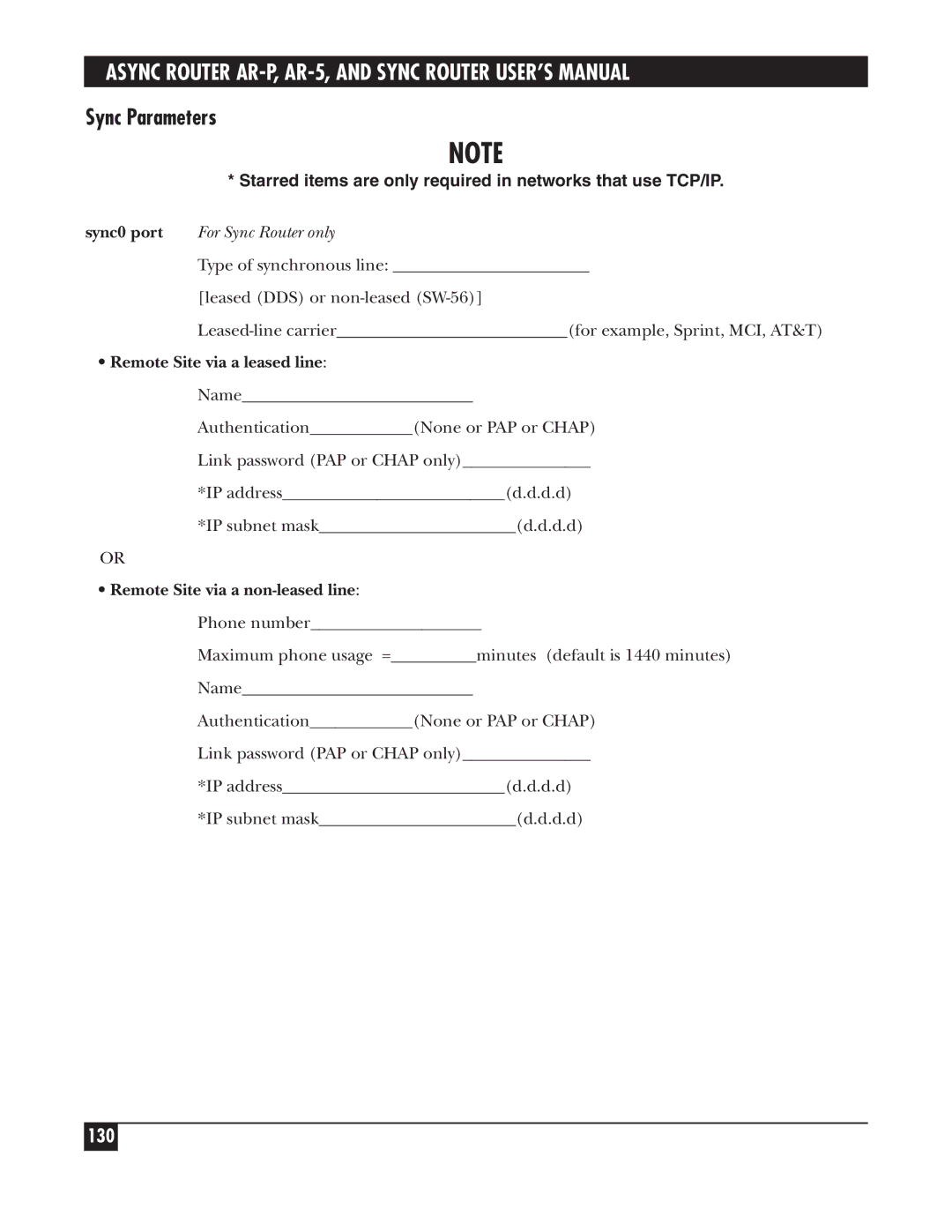 Black Box LRA005A-R2, LRS002A-R2 manual Sync Parameters, 130, Sync0 port For Sync Router only, Remote Site via a leased line 