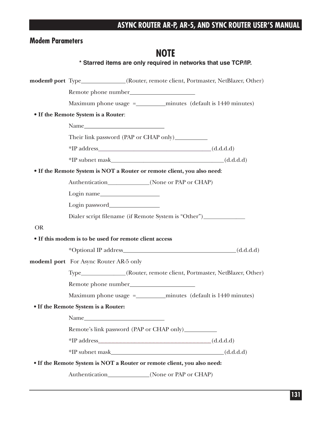 Black Box LRA001A-R2, LRS002A-R2, LRA005A-R2 manual Modem Parameters, 131, If the Remote System is a Router 