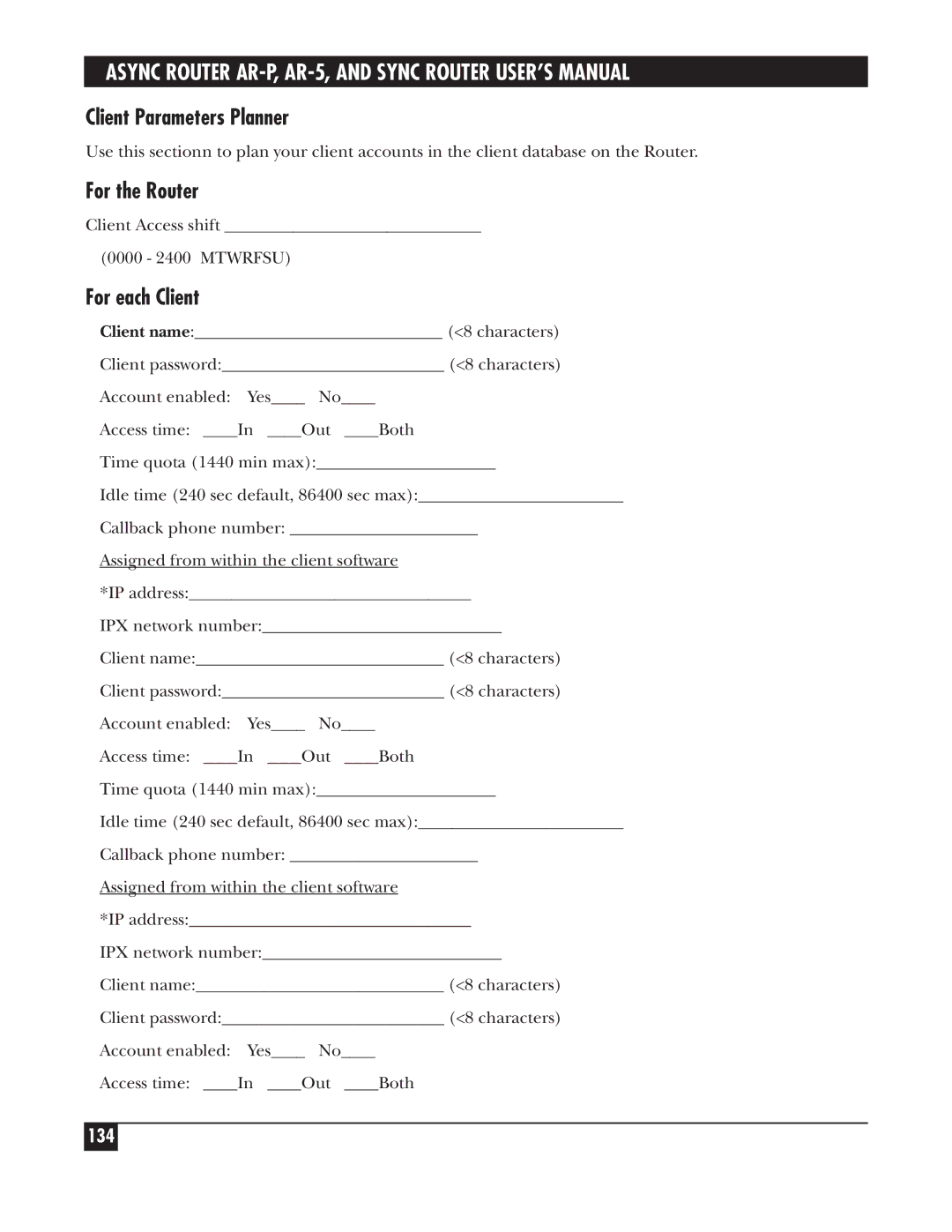 Black Box LRA001A-R2, LRS002A-R2, LRA005A-R2 manual Client Parameters Planner, For the Router, For each Client, 134 