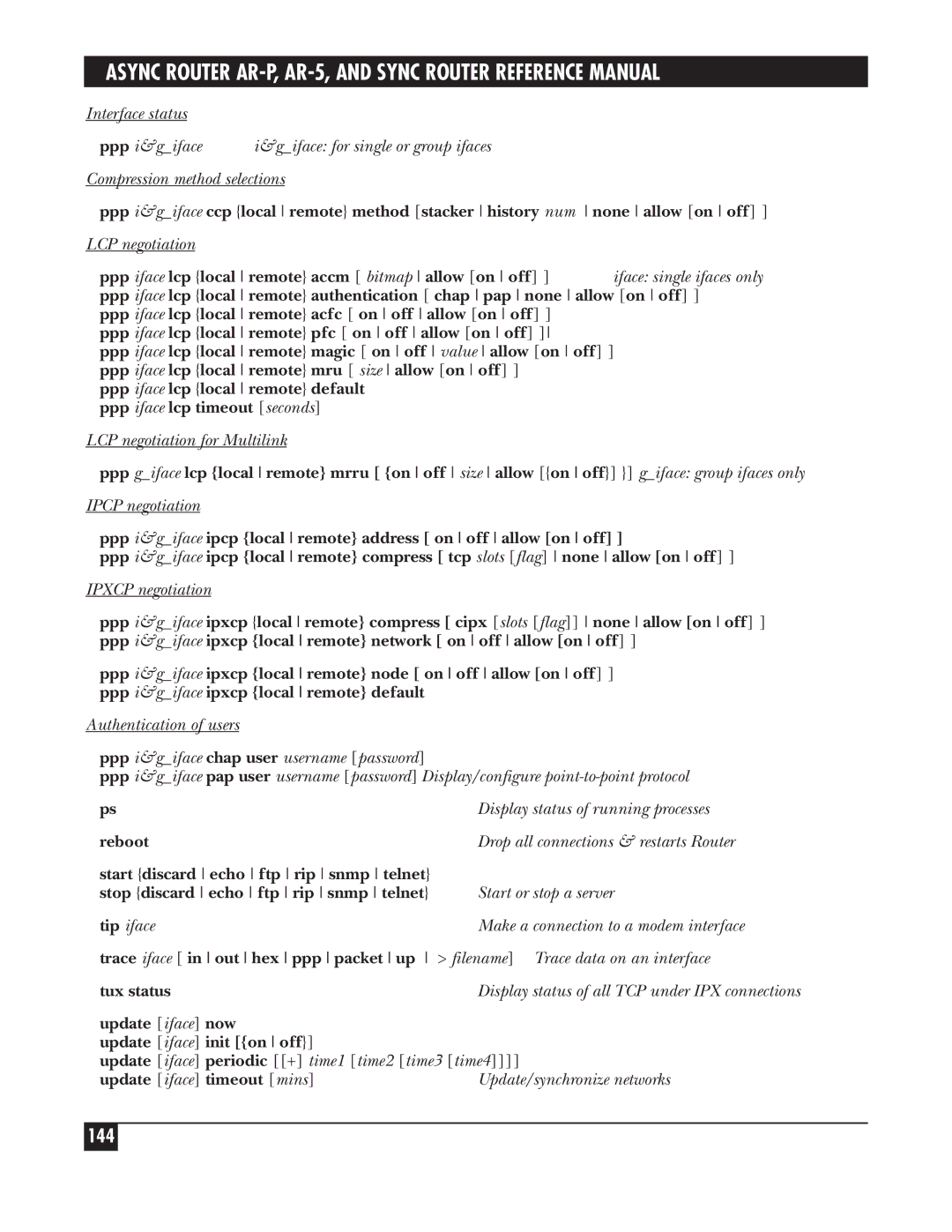 Black Box LRS002A-R2, LRA005A-R2, LRA001A-R2 manual 144, Update iface now Update iface init on off, Update iface timeout mins 