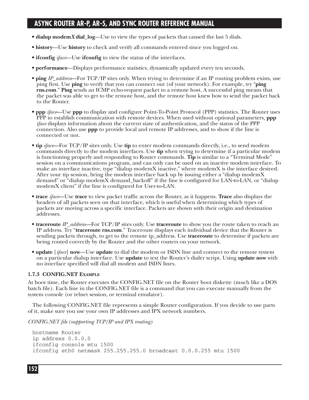 Black Box LRA001A-R2, LRS002A-R2, LRA005A-R2 152, CONFIG.NET Example, CONFIG.NET file supporting TCP/IP and IPX routing 