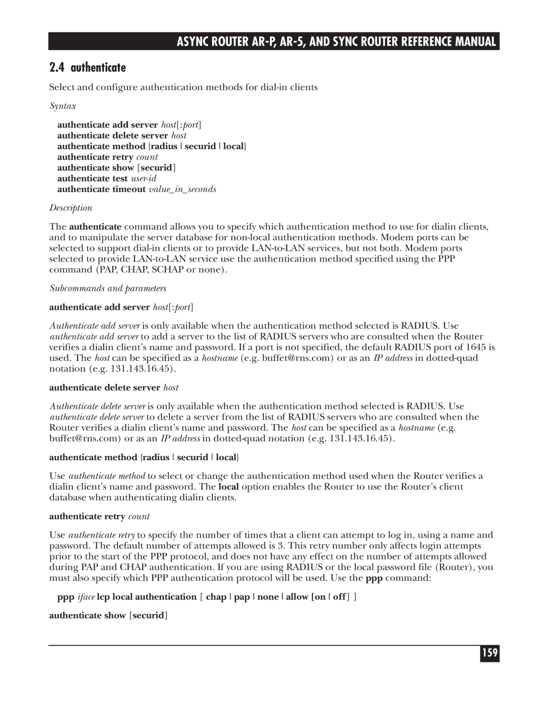 Black Box LRS002A-R2, LRA005A-R2, LRA001A-R2 manual Authenticate, 159, Subcommands and parameters 