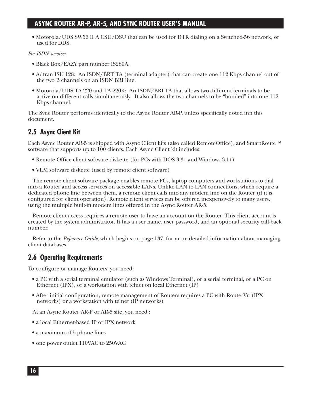 Black Box LRA005A-R2, LRS002A-R2, LRA001A-R2 manual Async Client Kit, Operating Requirements, For Isdn service 