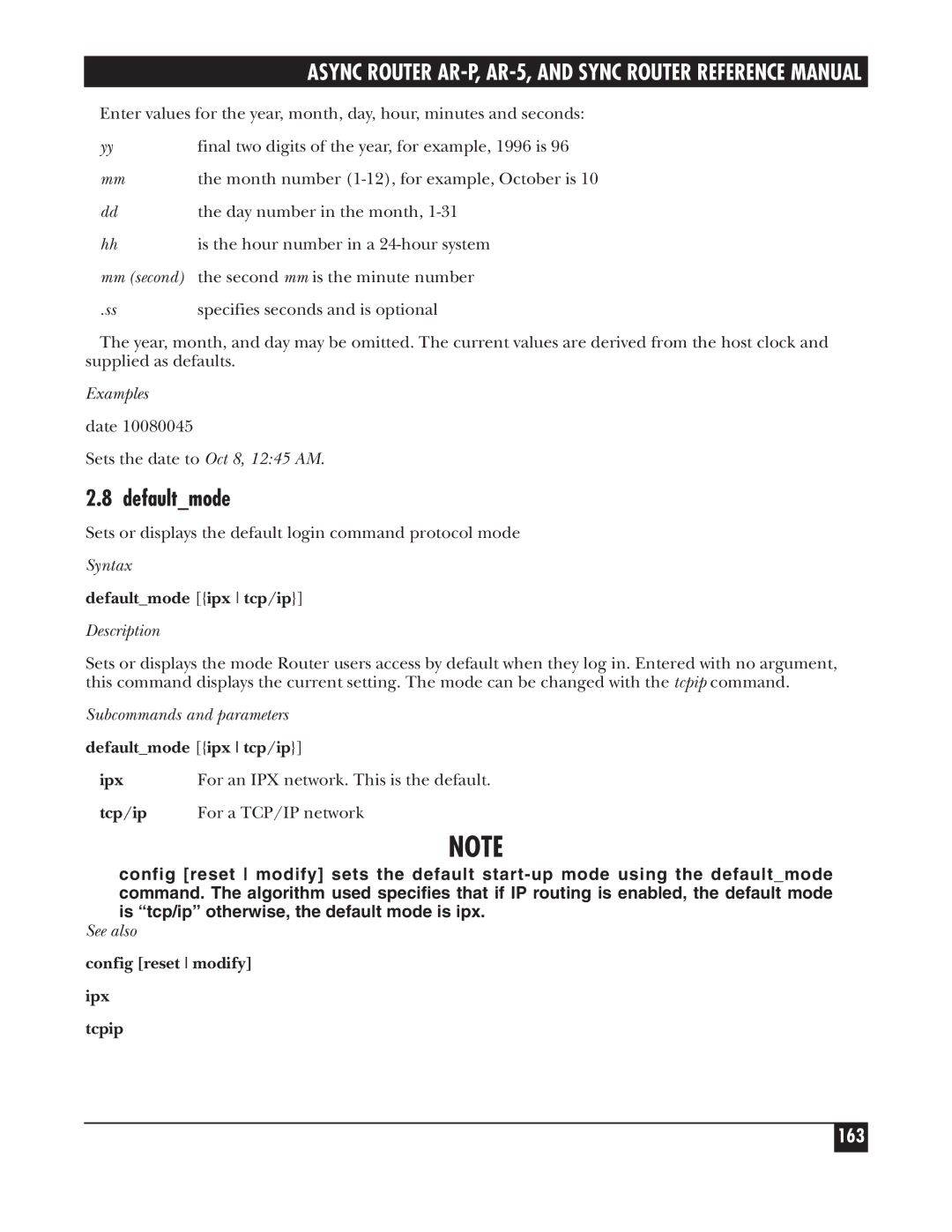 Black Box LRA005A-R2 manual Defaultmode, 163, Specifies seconds and is optional, See also, Config reset modify Ipx Tcpip 