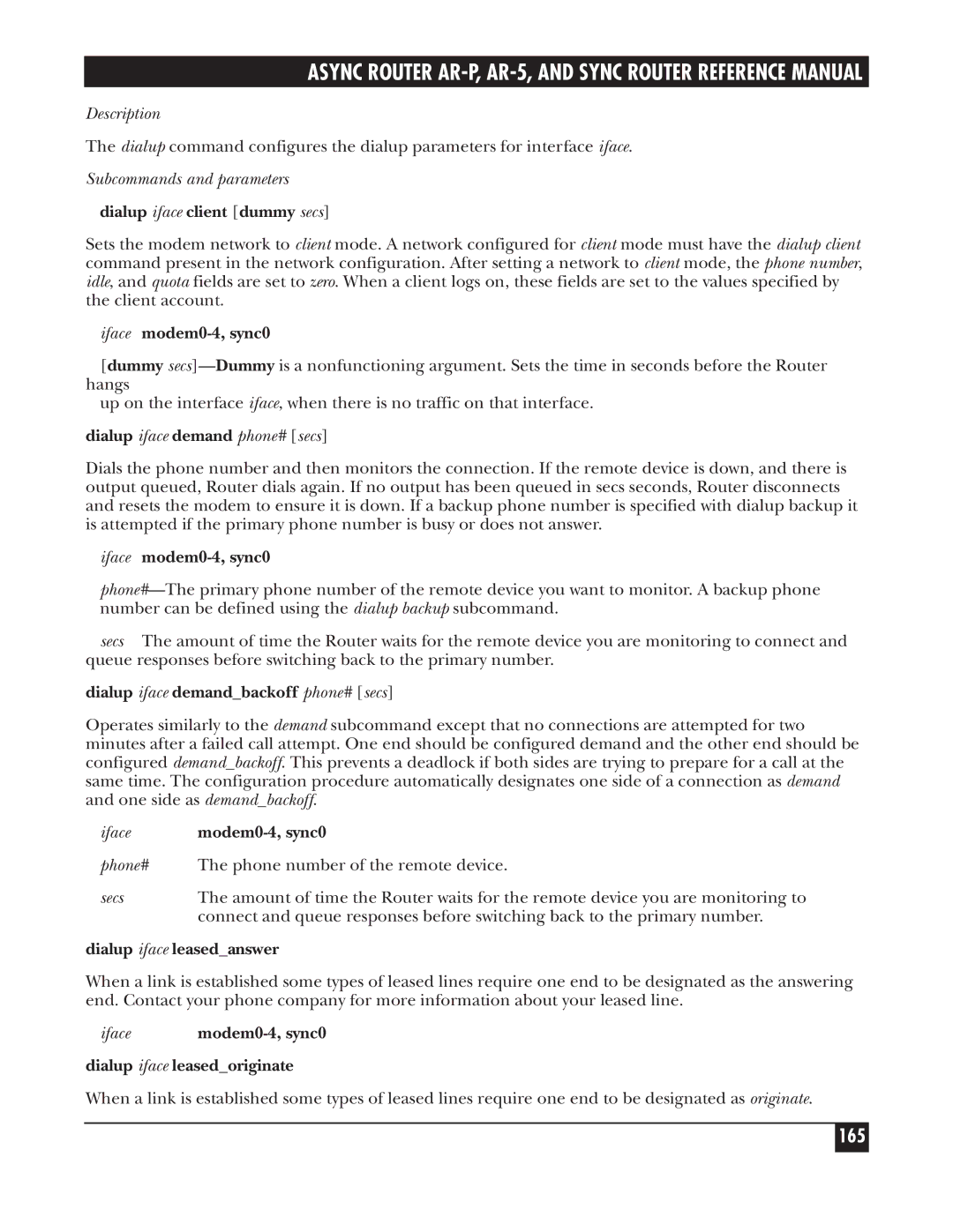 Black Box LRS002A-R2, LRA005A-R2, LRA001A-R2 manual 165, Iface modem0-4, sync0, Dialup iface demandbackoff phone# secs 