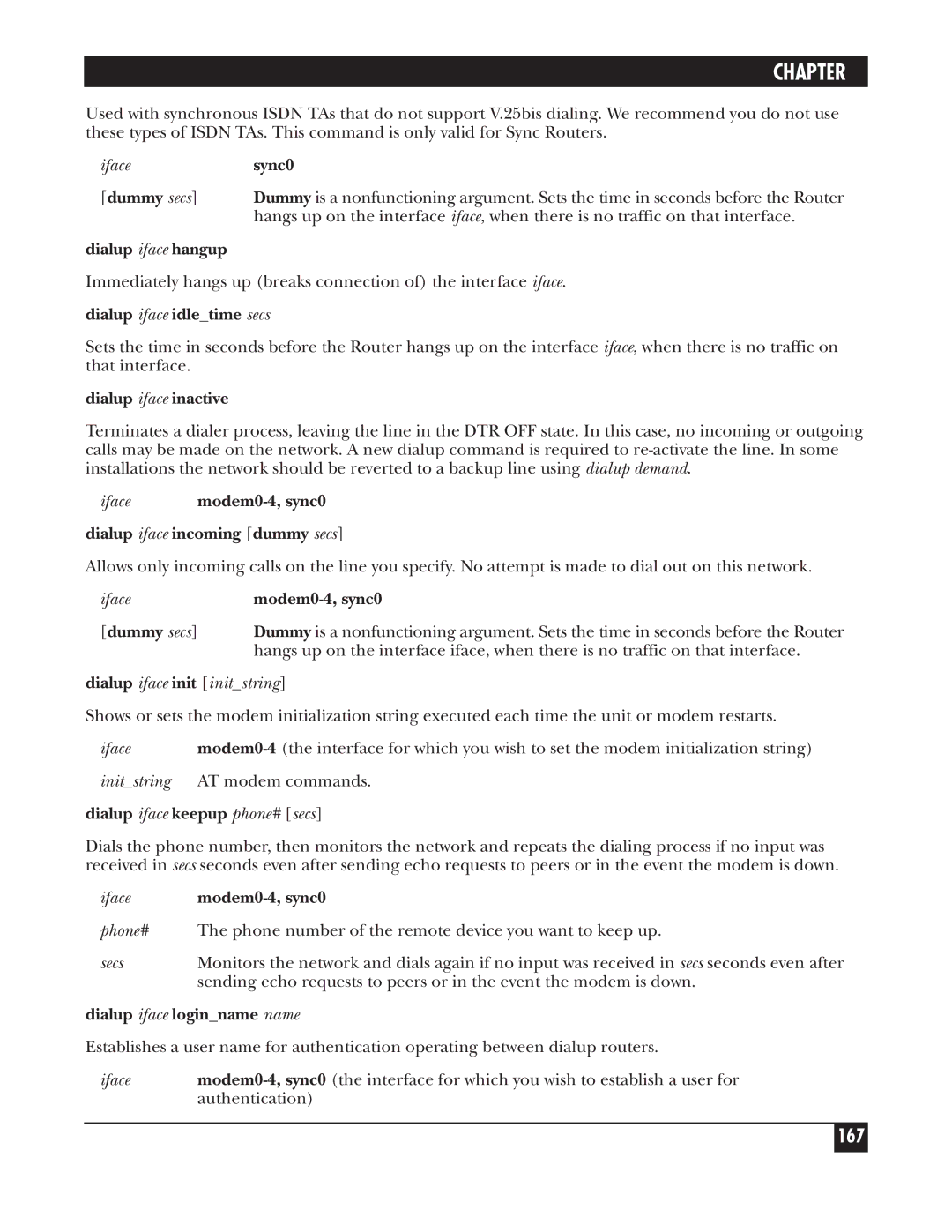 Black Box LRA001A-R2, LRS002A-R2 167, Dialup iface idletime secs, Dialup iface inactive, Dialup iface incoming dummy secs 