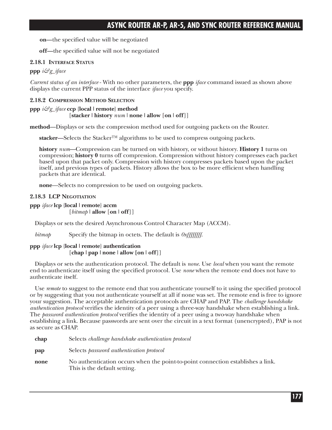 Black Box LRS002A-R2, LRA005A-R2, LRA001A-R2 manual 177, Ppp iface lcp local remote accm bitmap allow on off, Chap, Pap, None 