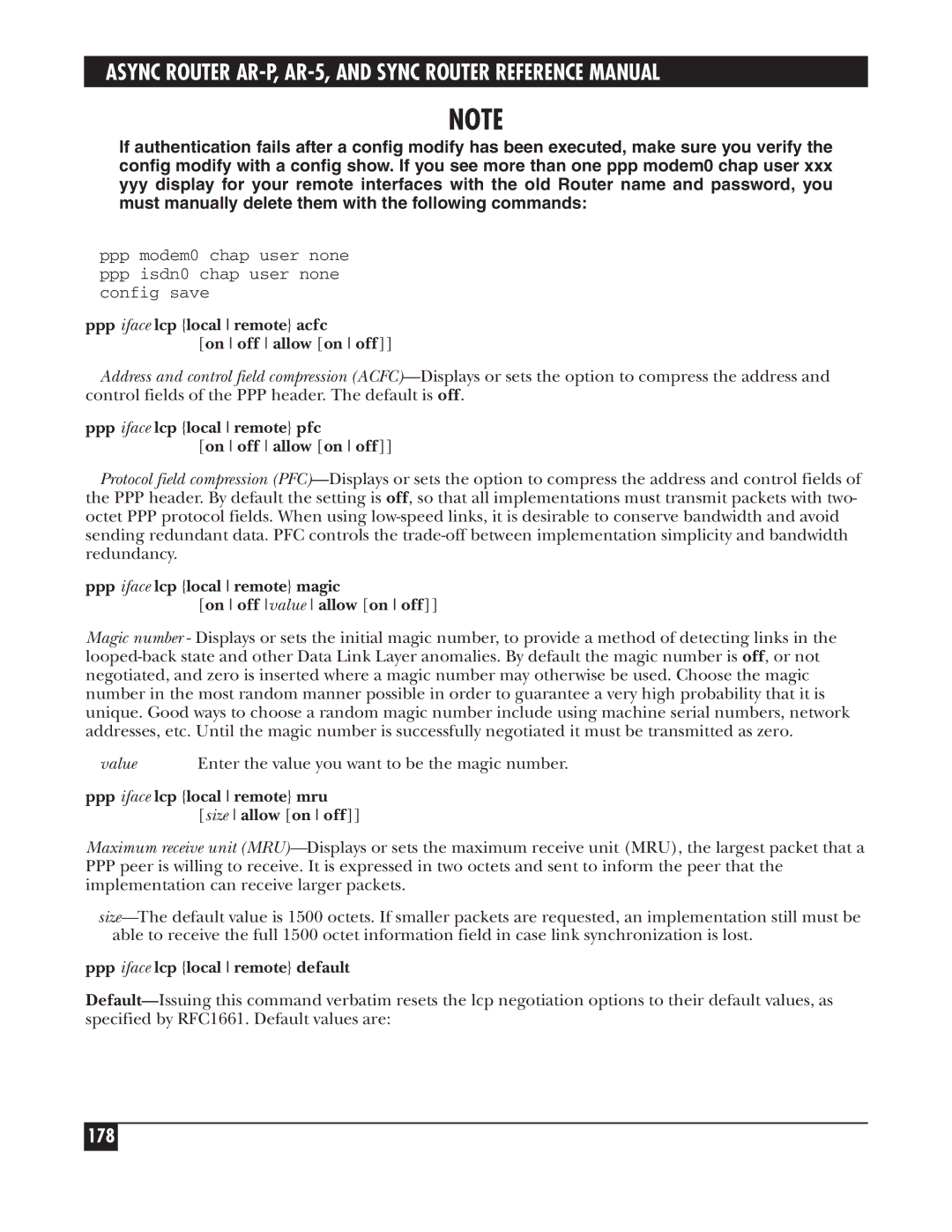 Black Box LRA005A-R2 manual 178, Ppp iface lcp local remote acfc On off allow on off, Ppp iface lcp local remote default 