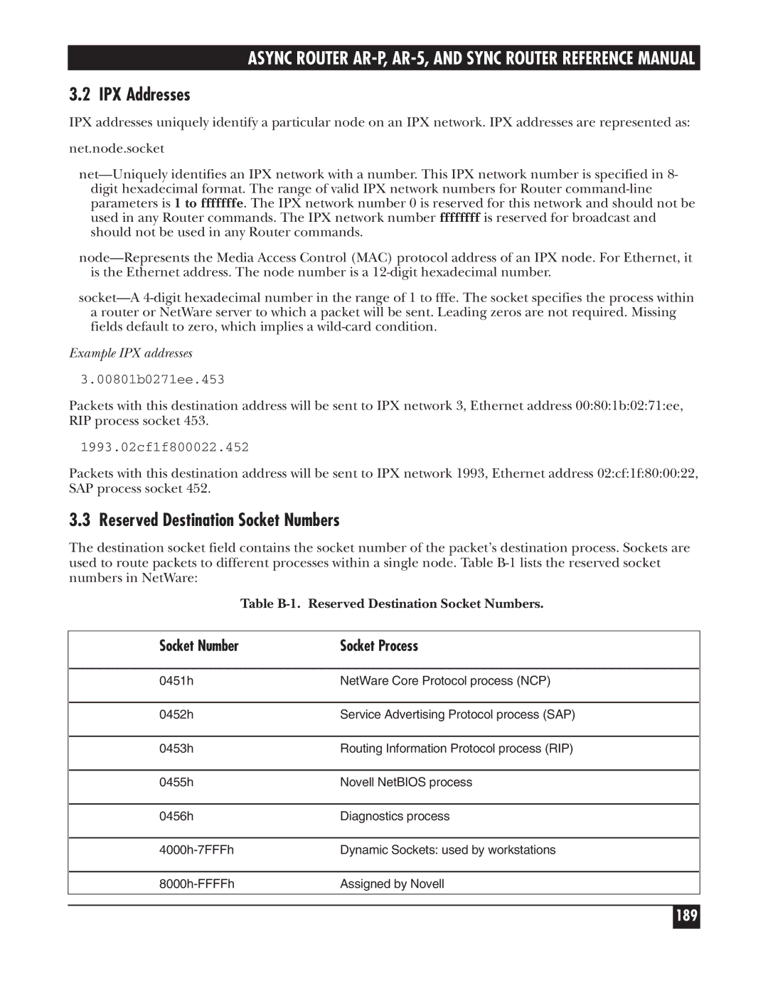 Black Box LRS002A-R2, LRA005A-R2, LRA001A-R2 IPX Addresses, Reserved Destination Socket Numbers, 189, Example IPX addresses 