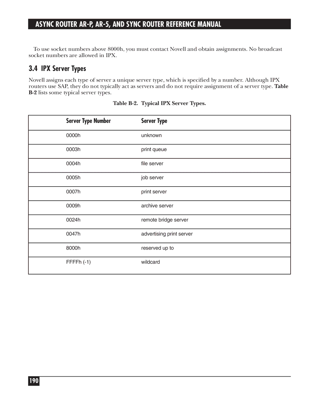 Black Box LRA005A-R2, LRS002A-R2, LRA001A-R2 manual 190, Table B-2. Typical IPX Server Types 