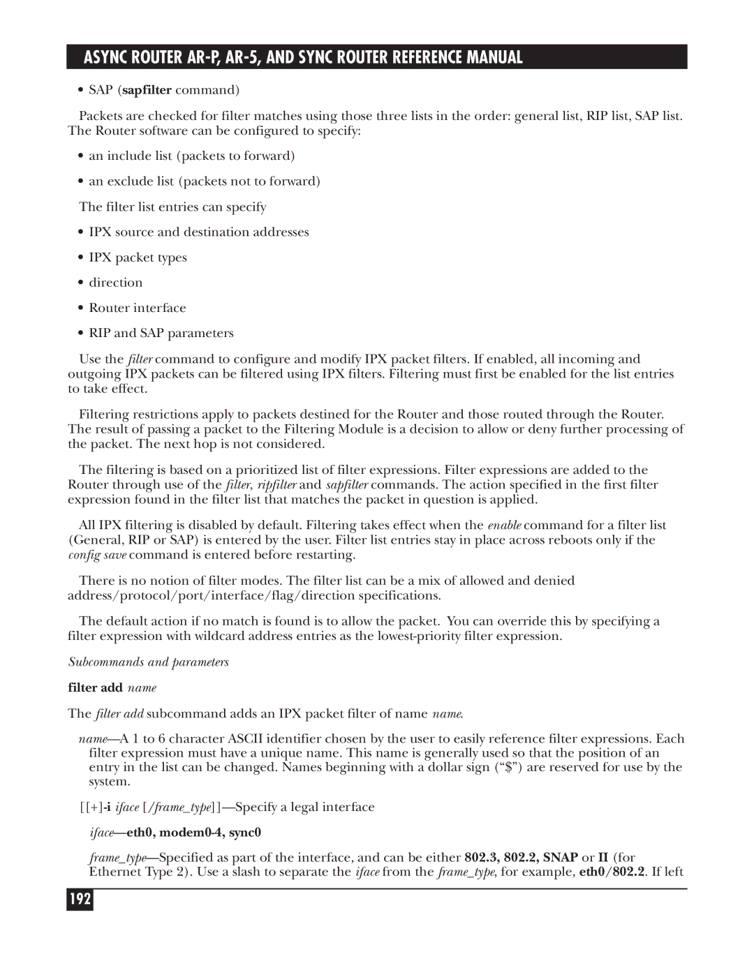 Black Box LRS002A-R2, LRA005A-R2, LRA001A-R2 manual 192, Filter add name, Iface-eth0, modem0-4, sync0 