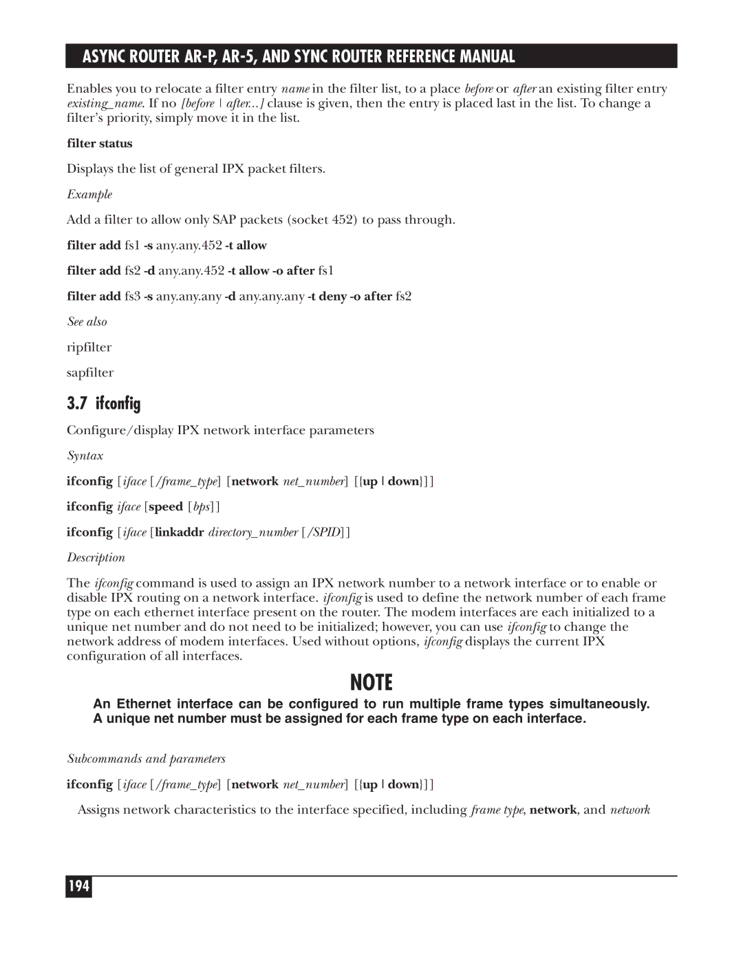 Black Box LRA001A-R2, LRS002A-R2, LRA005A-R2 manual 194, Filter status, Ifconfig iface speed bps 