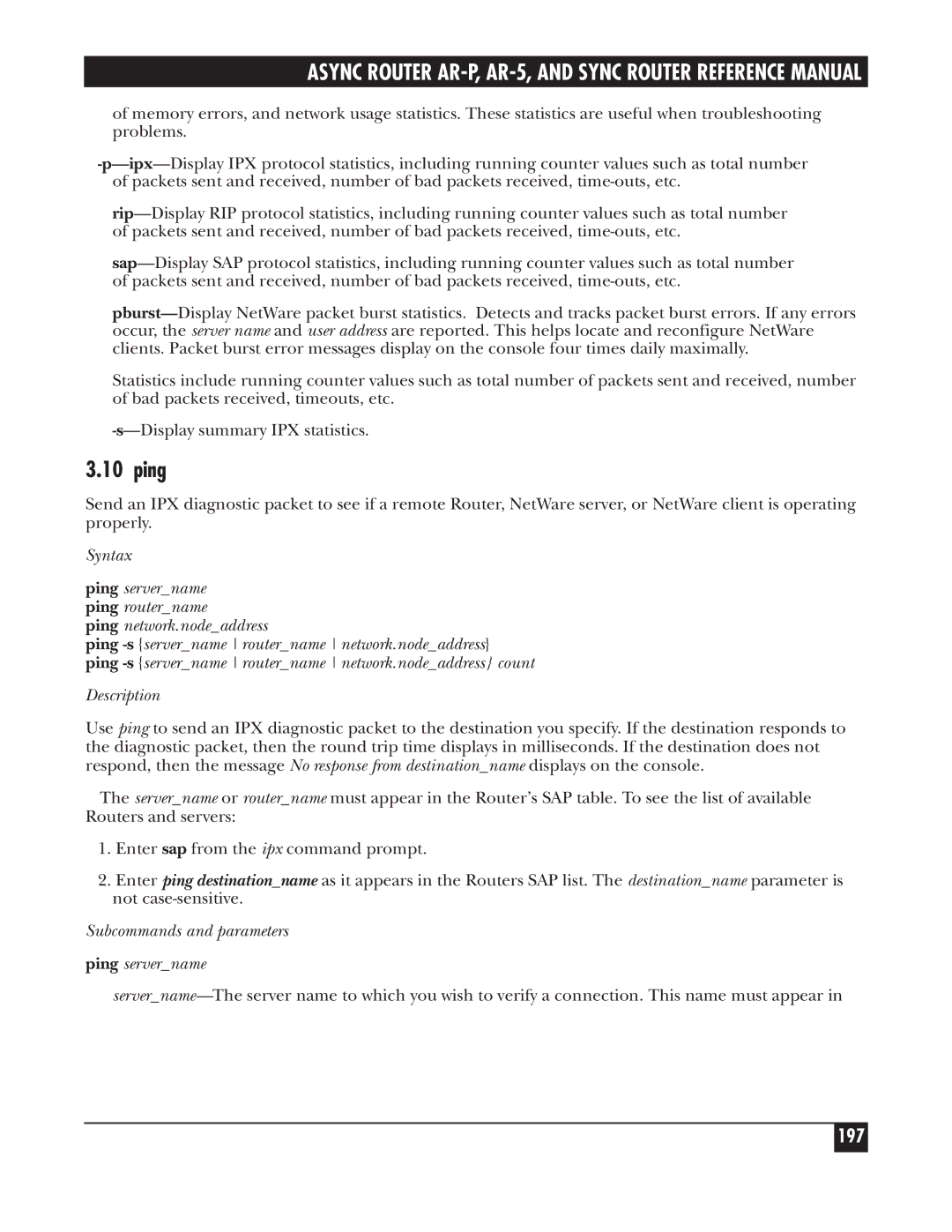 Black Box LRA001A-R2, LRS002A-R2, LRA005A-R2 manual 197, Subcommands and parameters Ping servername 