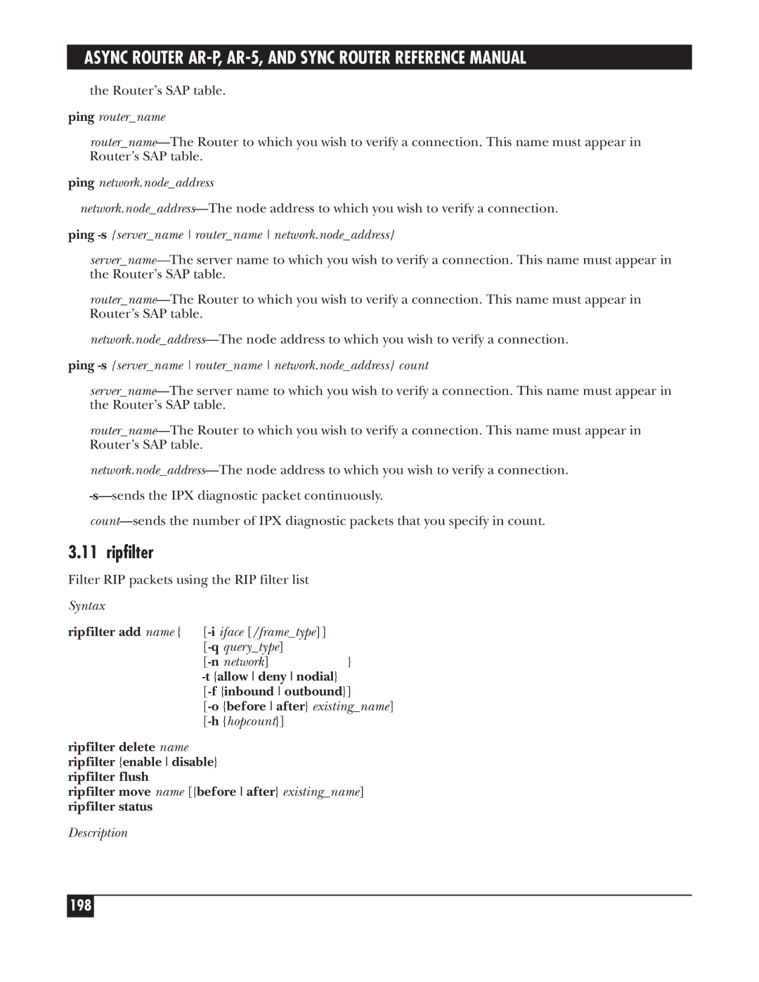 Black Box LRS002A-R2, LRA005A-R2, LRA001A-R2 manual Ripfilter, 198, Ping -sservername routername network.nodeaddress 