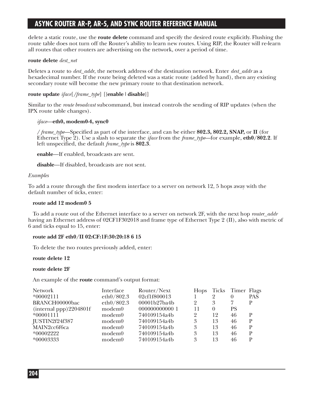 Black Box LRS002A-R2 manual 204, Route add 12 modem0, Route add 2F eth0/II 02CF1F302018 6, Route delete Route delete 2F 