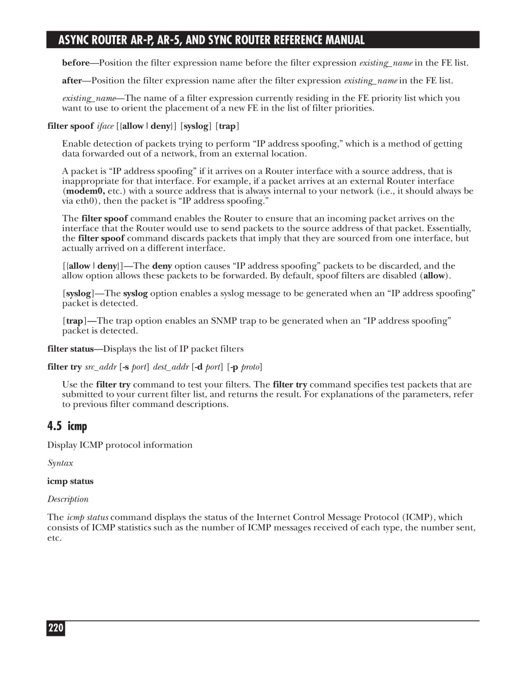 Black Box LRA005A-R2, LRS002A-R2, LRA001A-R2 manual 220, Filter spoof iface allow deny syslog trap, Icmp status 