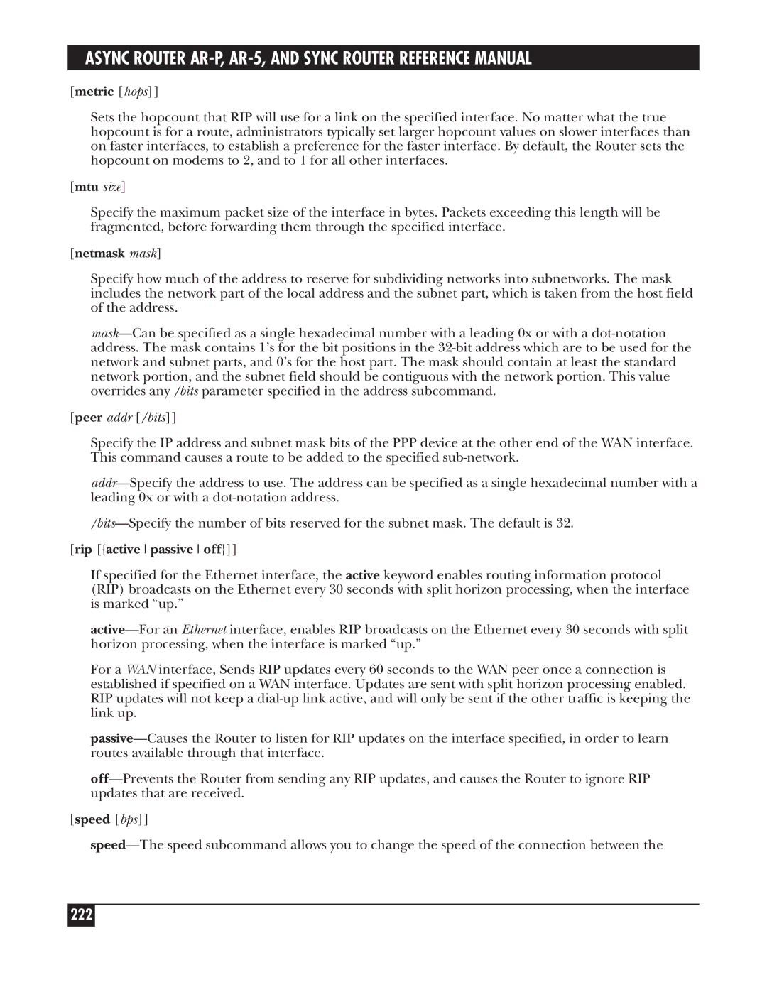 Black Box LRS002A-R2, LRA005A-R2, LRA001A-R2 manual 222, Metric hops, Mtu size, Rip active passive off, Speed bps 