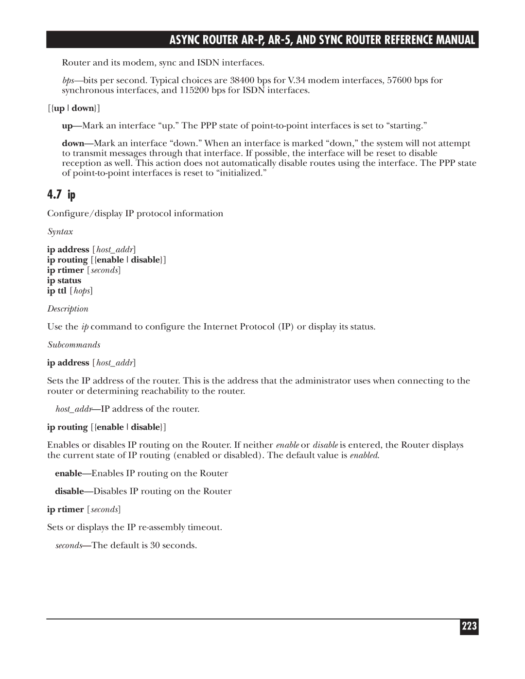 Black Box LRA005A-R2, LRS002A-R2, LRA001A-R2 manual 223, Subcommands, Ip address hostaddr 